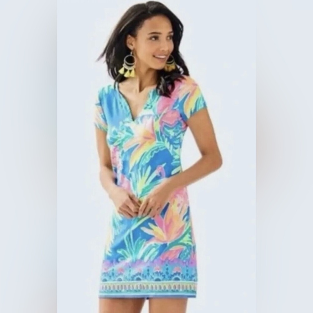 Lilly Pulitzer Blue Multi Tropical V-Neck Shift Dress